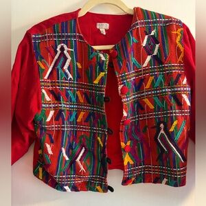 Vibrant Guatemalan Embroidered Red Multicolor Women's Blazer Jacket handmade S
